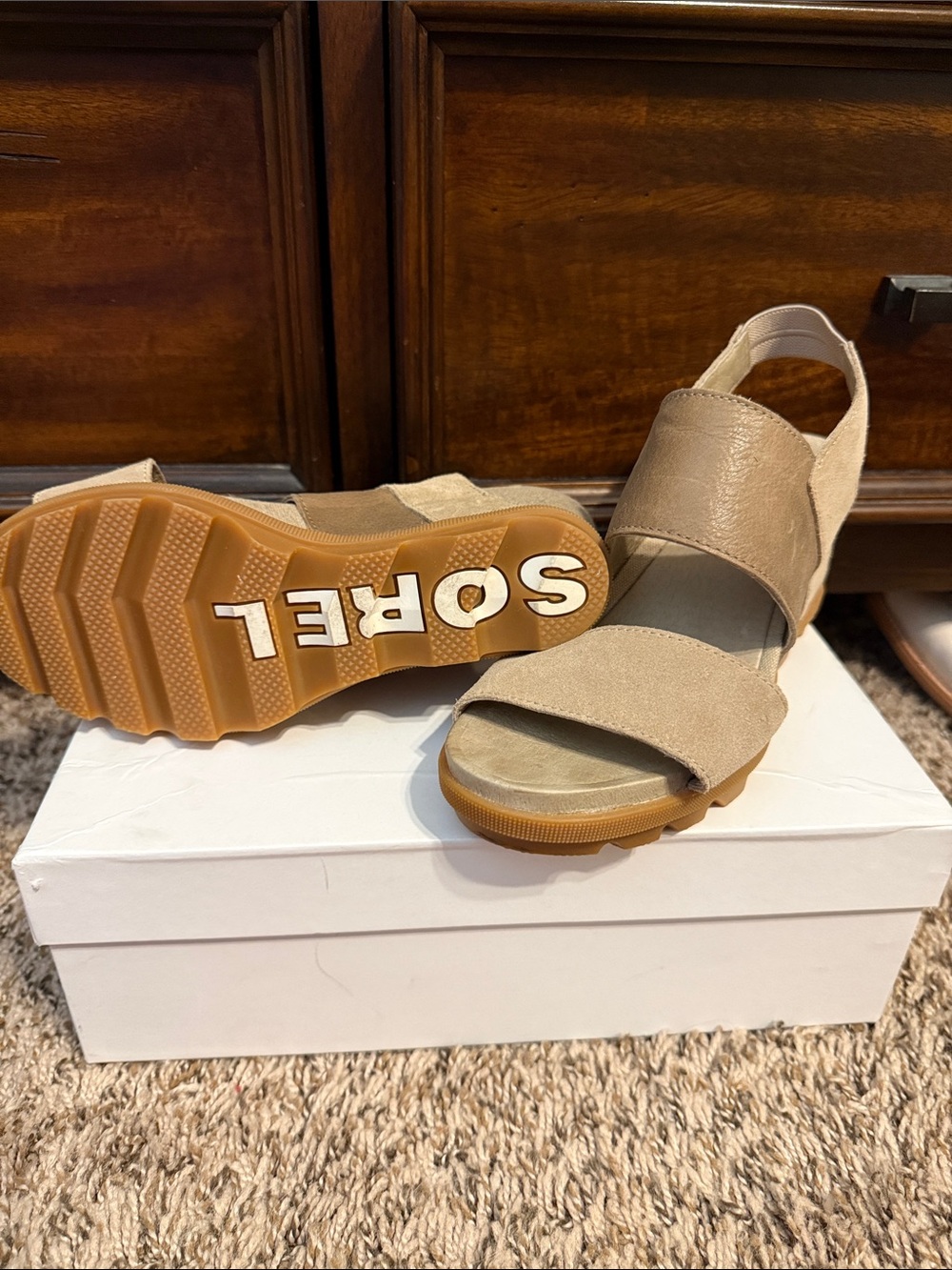 Sorel Beige/Tan Wedge Sandals with Logo Sole